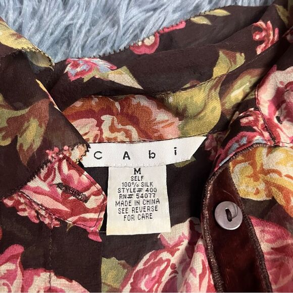 CAbi Sheer Silk Floral Pintucked Velvet Buttoned Shirt Brown Size M - Picture 3 of 7